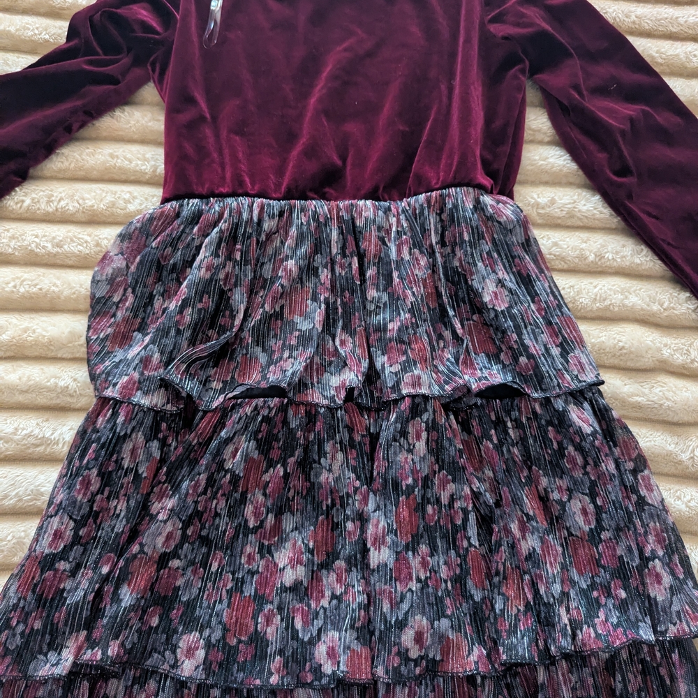 Speechless Burgundy Velvet and Floral Kids Dress